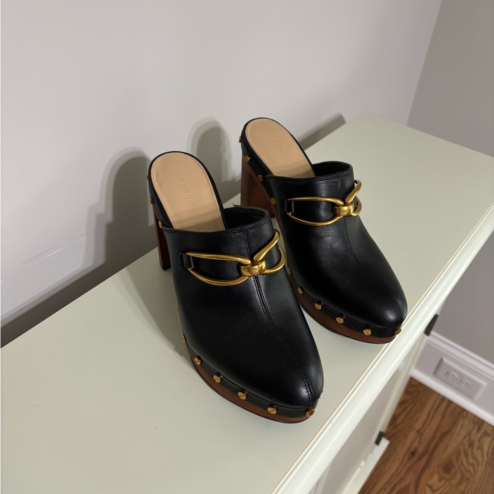 Veronica Beard Black Leather Studded Clogs - Picture 5 of 9